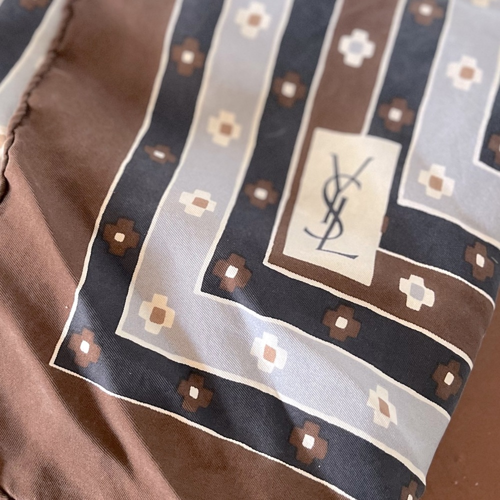 Vintage large YSL brown and grey silk scarf!